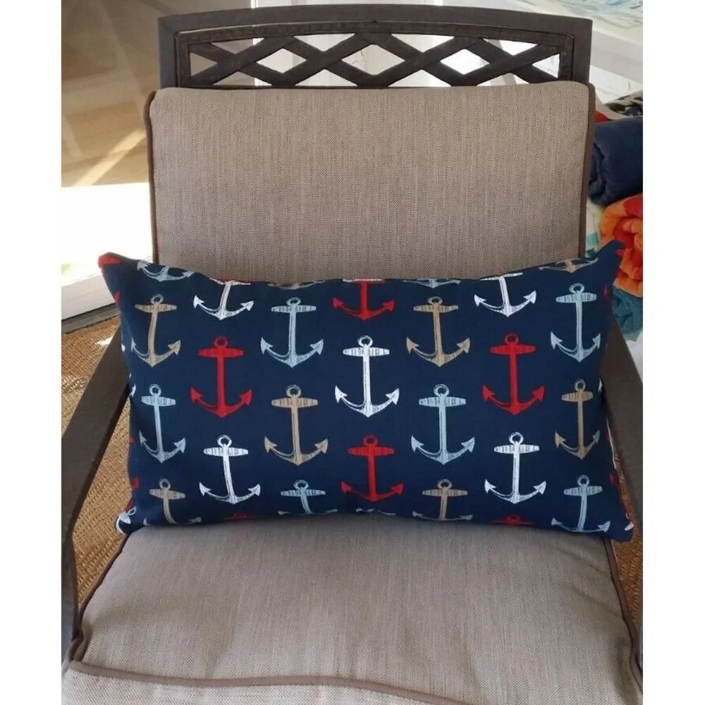 Bryant Nautical Anchors Lumbar 14X24 Zippered Throw‎ Pillow Cover Navy White NEW